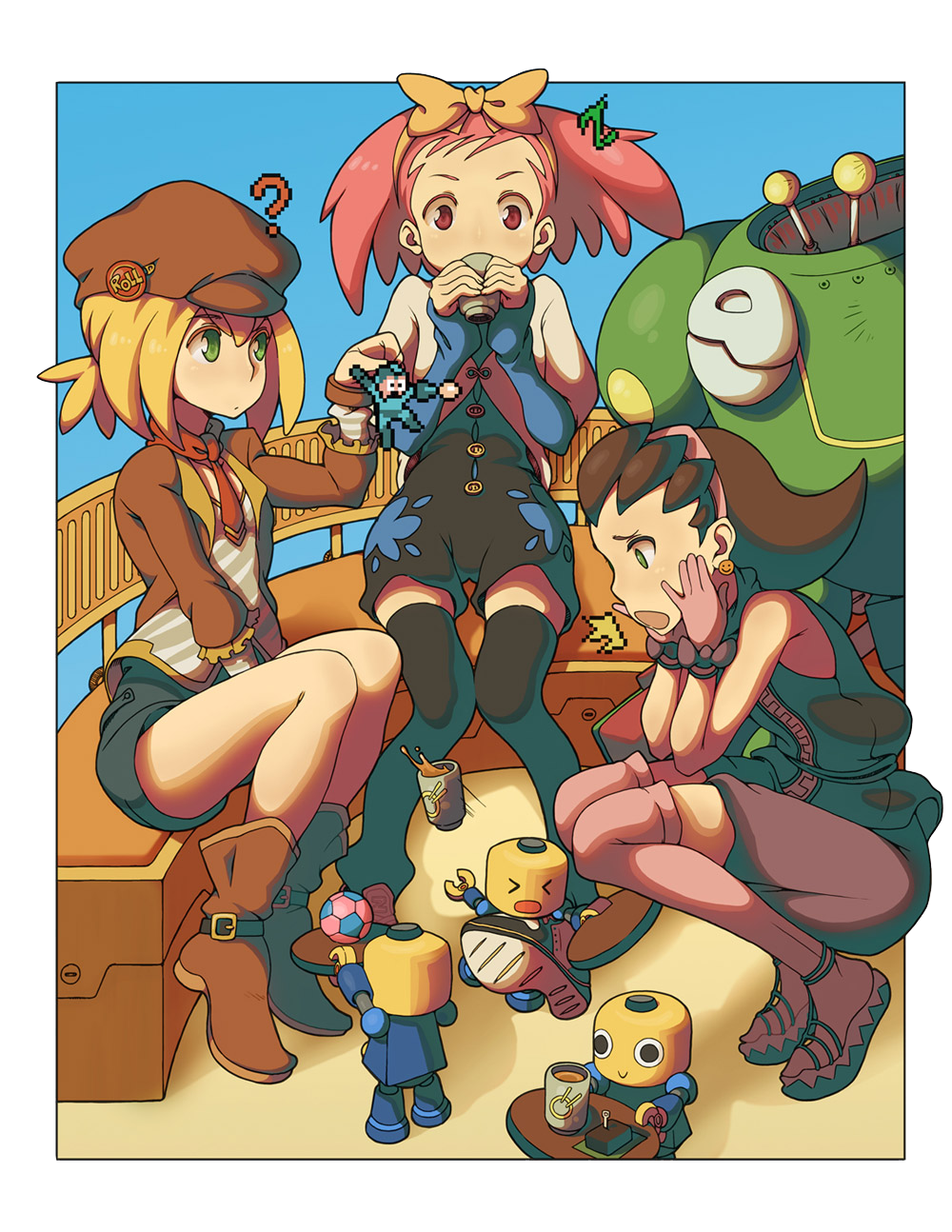 &gt;_&lt; 3girls ? aero_(mega_man) asymmetrical_hair badge ball bare_arms bare_shoulders belt_boots bench beret black_footwear blonde_hair boots border bow breasts brown_footwear buckle button_badge buttons newsboy_cap character_name commentary cup drinking earrings elbow_gloves english_commentary fingerless_gloves frilled_sleeves frills furrowed_brow glove_bow gloves green_eyes hair_bow hair_pulled_back hair_slicked_back hairband hands_on_own_cheeks hands_on_own_face hat highres holding holding_tray jewelry layered_clothes legs_together lifting_person long_sleeves mecha mega_man_(character) mega_man_(classic) mega_man_(series) mega_man_legends_(series) mega_man_legends_3 multiple_girls necktie open_clothes open_mouth orange_hairband outdoors outside_border photoshop_(medium) pink_hair pink_hairband pink_legwear platform_footwear red_neckwear robot roll_caskett_(mega_man) romper servbot_(mega_man) shirt short_hair sitting sleeveless small_breasts smiley_face smiley_face_earrings soccer_ball squatting striped_clothes striped_shirt thigh_boots thighhighs transparent_border tray tron_bonne_(mega_man) v-neck vinhnyu yunomi zettai_ryouiki zipper