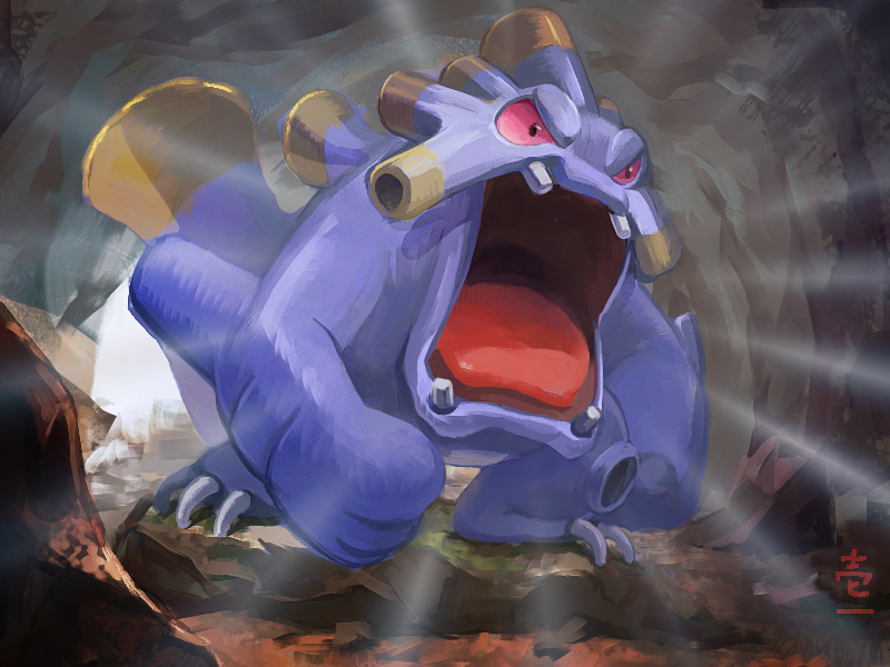 cave claws colored_sclera exploud full_body game_freak gen_3_pokemon ichiichi_(nanno_koreshiki) looking_ahead motion_lines nintendo no_humans open_mouth pink_sclera pokemon pokemon_(creature) shouting signature solo standing