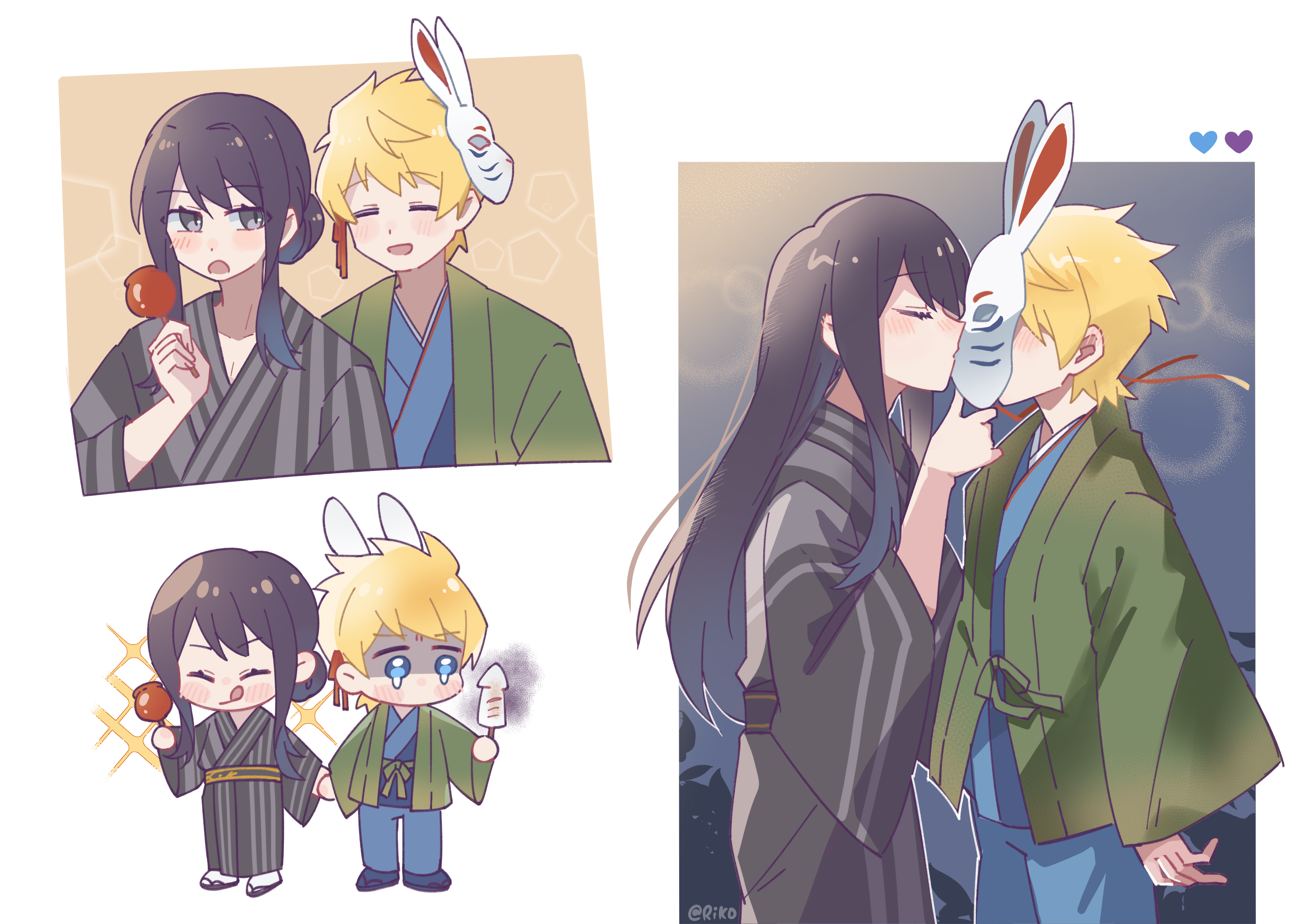 2boys :q absurdres black_hair black_kimono blonde_hair blue_kimono blue_pants blush_stickers candy_apple chibi chinese_commentary closed_eyes commentary_request flynn_scifo food green_haori haori heart highres holding holding_food ikayaki japanese_clothes kimono kiss kissing_mask long_hair male_focus mask multiple_boys open_clothes open_mouth pants rabbit_mask riko_shinkai shaded_face smile sparkle striped_clothes striped_kimono tales_of_(series) tales_of_vesperia teardrop tongue tongue_out wide_sleeves yaoi yuri_lowell