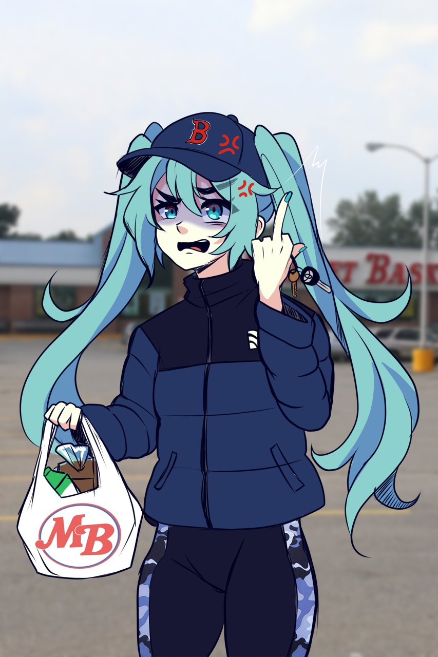 1girl alternate_costume anger_vein aqua_eyes aqua_hair artypanda bag baseball_cap blue_jacket blue_nails blue_pants boston_red_sox building car_keys commentary down_jacket english_commentary hat hatsune_miku highres holding holding_bag jacket lamppost long_hair massachusetts middle_finger open_mouth outdoors overcast pants photo_background shopping_bag sky solo twintails united_states vocaloid worldwide_miku