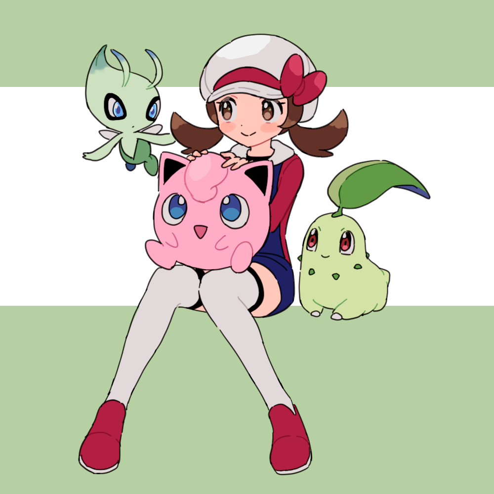 1girl blue_eyes blue_overalls bow brown_eyes brown_hair celebi chikorita commentary_request creatures_(company) game_freak gen_1_pokemon gen_2_pokemon hat hat_bow invisible_chair jigglypuff legendary_pokemon lyra_(pokemon) mythical_pokemon nintendo overalls pokemon pokemon_(creature) pokemon_hgss pumpkinpan red_eyes red_shirt red_shoes shirt shoes sitting thighhighs twintails white_hat white_thighhighs