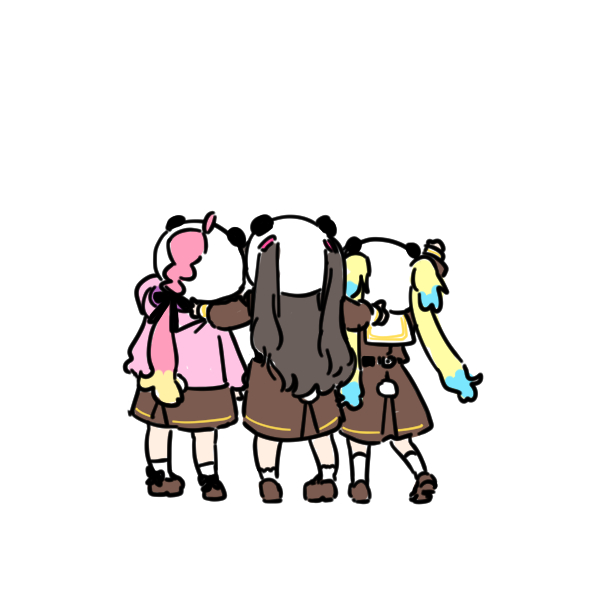 3girls animal_ears anyoji_hime arm_up black_bow black_ribbon blonde_hair blue_hair bow bow_legwear brown_dress brown_shoes commentary deformed dress facing_away from_behind fujishima_megumi hair_ribbon hair_through_headwear hand_on_another&#039;s_back hasu_no_sora_school_uniform hood hooded_jacket jacket kneehighs link!_like!_love_live! loafers long_hair long_sleeves love_live! medium_dress mira-cra_park! multi-tied_hair multiple_girls osawa_rurino panda_ears pink_jacket pleated_dress ponytail ribbon sailor_collar sailor_dress school_uniform shinanoya_(satanicad) shoes simple_background socks twintails two_side_up virtual_youtuber white_background white_sailor_collar white_socks winter_uniform