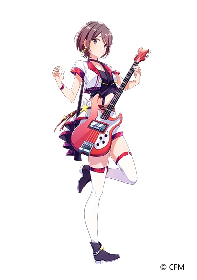 1girl bass_guitar black_choker black_footwear brown_eyes brown_hair choker copyright_name copyright_notice crop_top cropped_jacket foot_up full_body instrument jacket meiko_(vocaloid) multicolored_jacket official_art red_thighhighs shorts simple_background solo tachi-e thighhighs two-tone_thighhighs u35 vocaloid white_background white_jacket white_shorts white_thighhighs