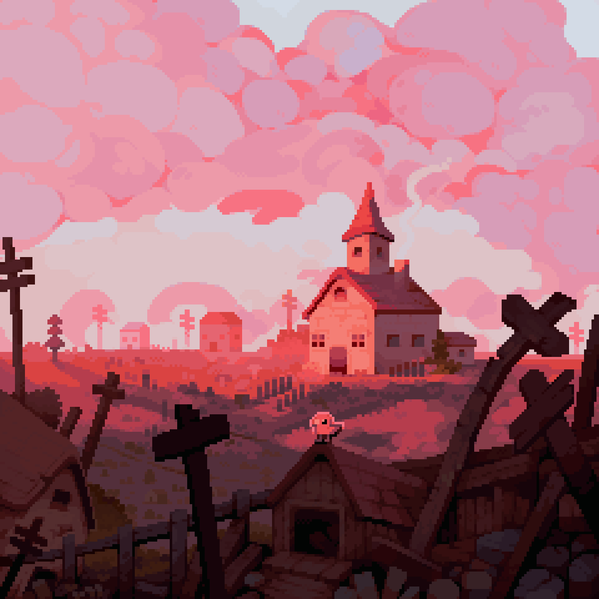 abandoned analogous_colors bird building cloud cloudy_sky cool_colored cross fence graveyard highres no_humans outdoors pink_theme pixel_art pixeldoshi red_sky rubble rural scenery sky skyline town tree window wooden_fence