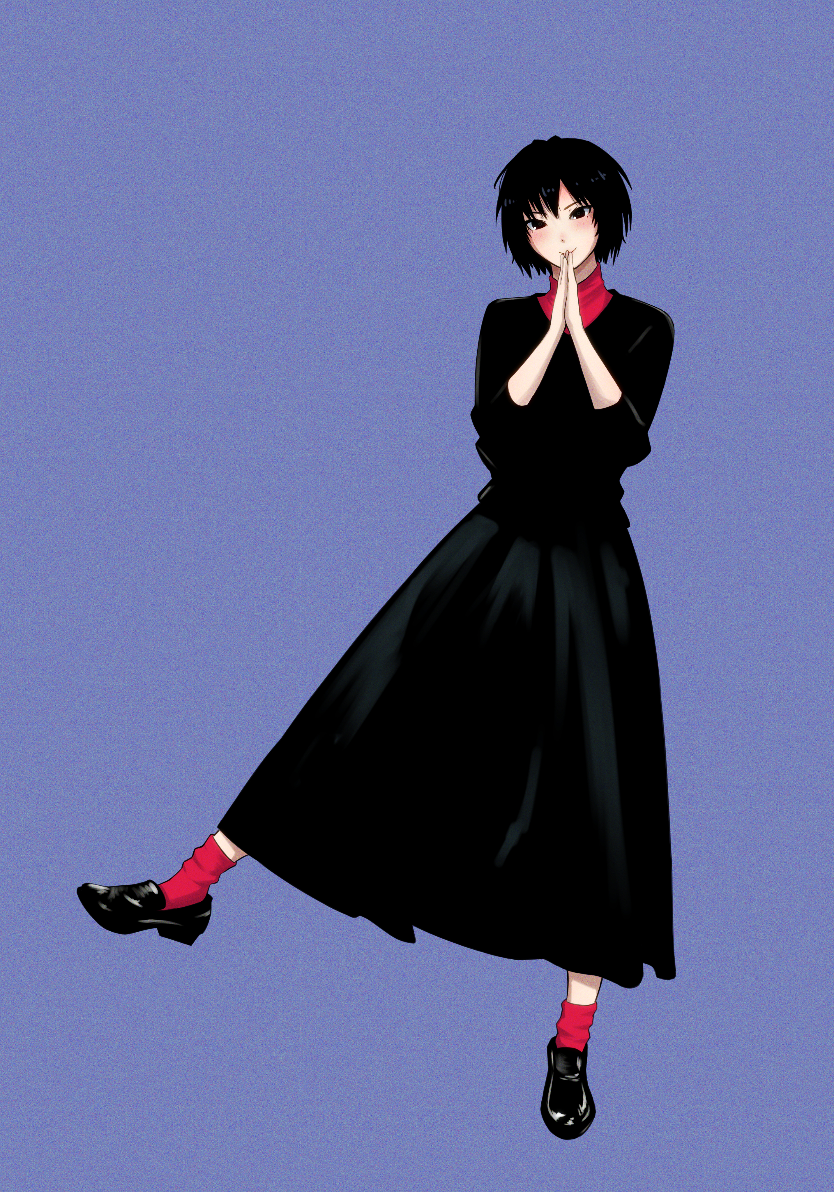 1girl absurdres amagami black_dress black_eyes black_hair black_shoes blue_background blush closed_mouth commentary dress full_body hair_between_eyes hands_up highres light_blush long_dress long_sleeves looking_at_viewer loose_socks nanasaki_ai oshizu own_hands_together palms_together red_socks red_undershirt shiny_footwear shoes short_hair smile socks solo standing standing_on_one_leg turtleneck w_arms