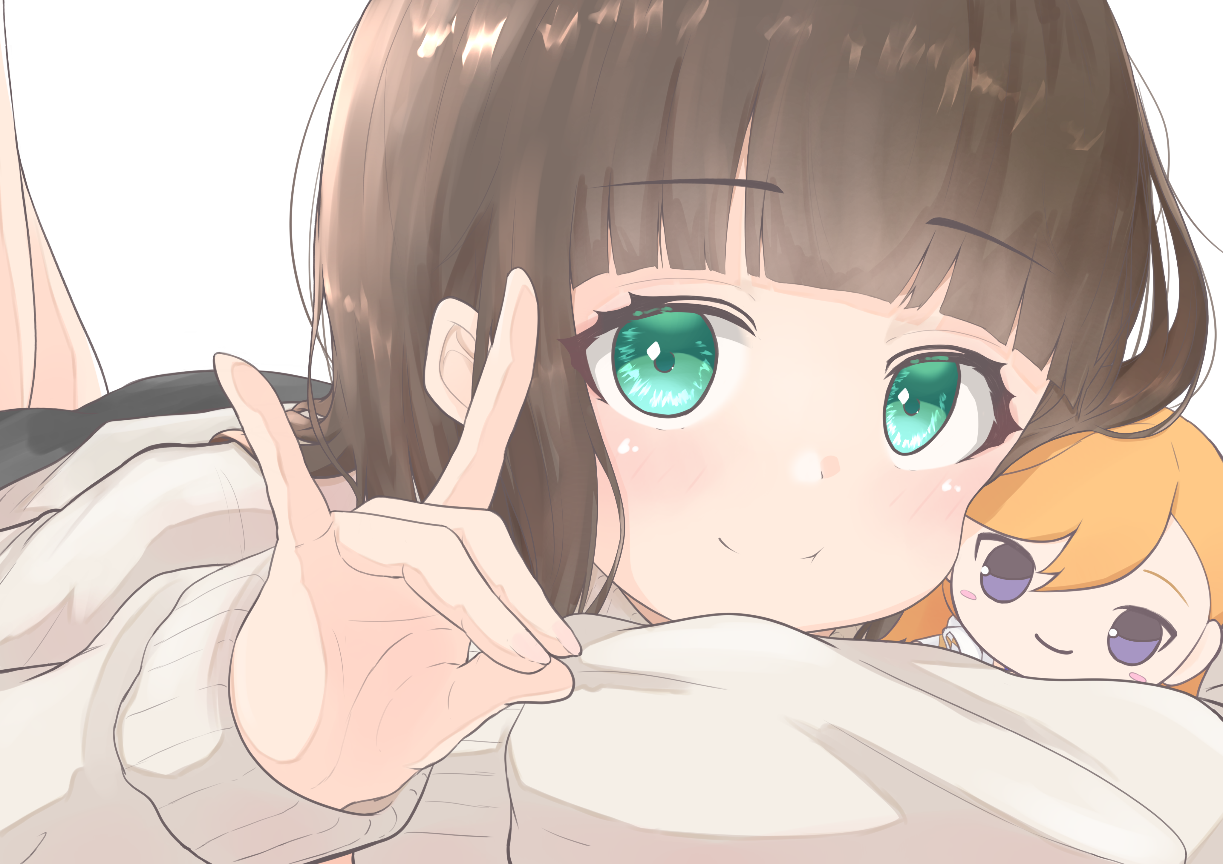 1girl absurdres black_shorts blunt_bangs brown_hair character_doll cheek_press closed_mouth commentary feet_up fox_shadow_puppet green_eyes grey_sweater hair_down hajimari_wa_kimi_no_sora highres long_hair long_sleeves love_live! love_live!_superstar!! lying on_stomach orange_hair purple_eyes sakurakoji_kinako shibuya_kanon shorts smile solo split_mouth sweater the_pose white_background zacuro