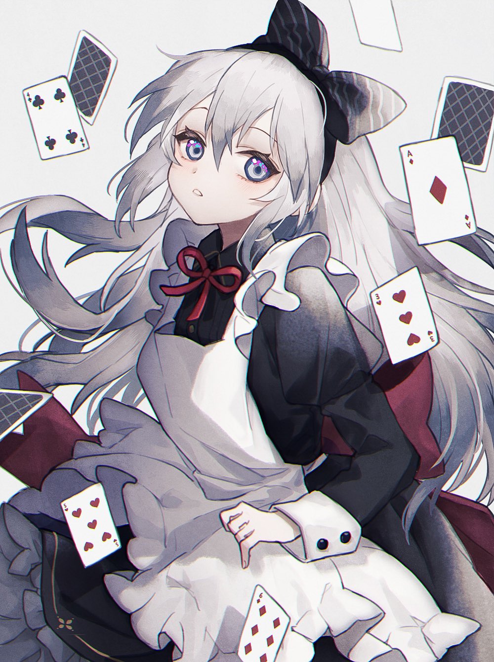 1girl ace_(playing_card) ace_of_diamonds alice_(alice_in_wonderland) alice_(alice_in_wonderland)_(cosplay) alice_in_wonderland apron back_bow black_bow black_dress blue_eyes bow card club_(shape) commentary cosplay cowboy_shot diamond_(shape) dress five_of_hearts four_of_clubs frilled_dress frills grey_eyes hair_bow heart highres juliet_sleeves long_sleeves looking_at_viewer namiki_itsuki original playing_card puffy_sleeves red_bow sidelocks silver_hair six_of_diamonds sleeve_cuffs solo three_of_hearts white_apron