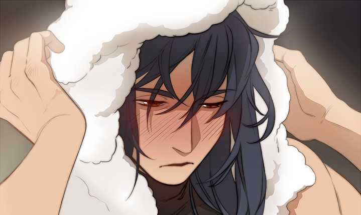 1boy arms_up black_hair black_shirt blush close-up closed_mouth commentary embarrassed english_commentary felix_hugo_fraldarius felix_hugo_fraldarius_(timeskip) fire_emblem fire_emblem:_three_houses full-face_blush hair_between_eyes hair_down long_hair looking_down male_focus nintendo ruebird shirt single_bare_shoulder solo towel towel_on_head