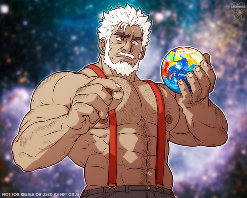1boy abs arm_hair bara beard blurry blurry_background brown_eyes chest_hair earrings earth_(planet) english_text facial_hair giant grey_pants holding_planet jewelry large_pectorals leomon32 light_smile male_focus moon muscular muscular_male mustache navel navel_hair nipples original pants pectorals planet red_suspenders shoulder_hair sideburns single_earring solo space suspenders white_hair
