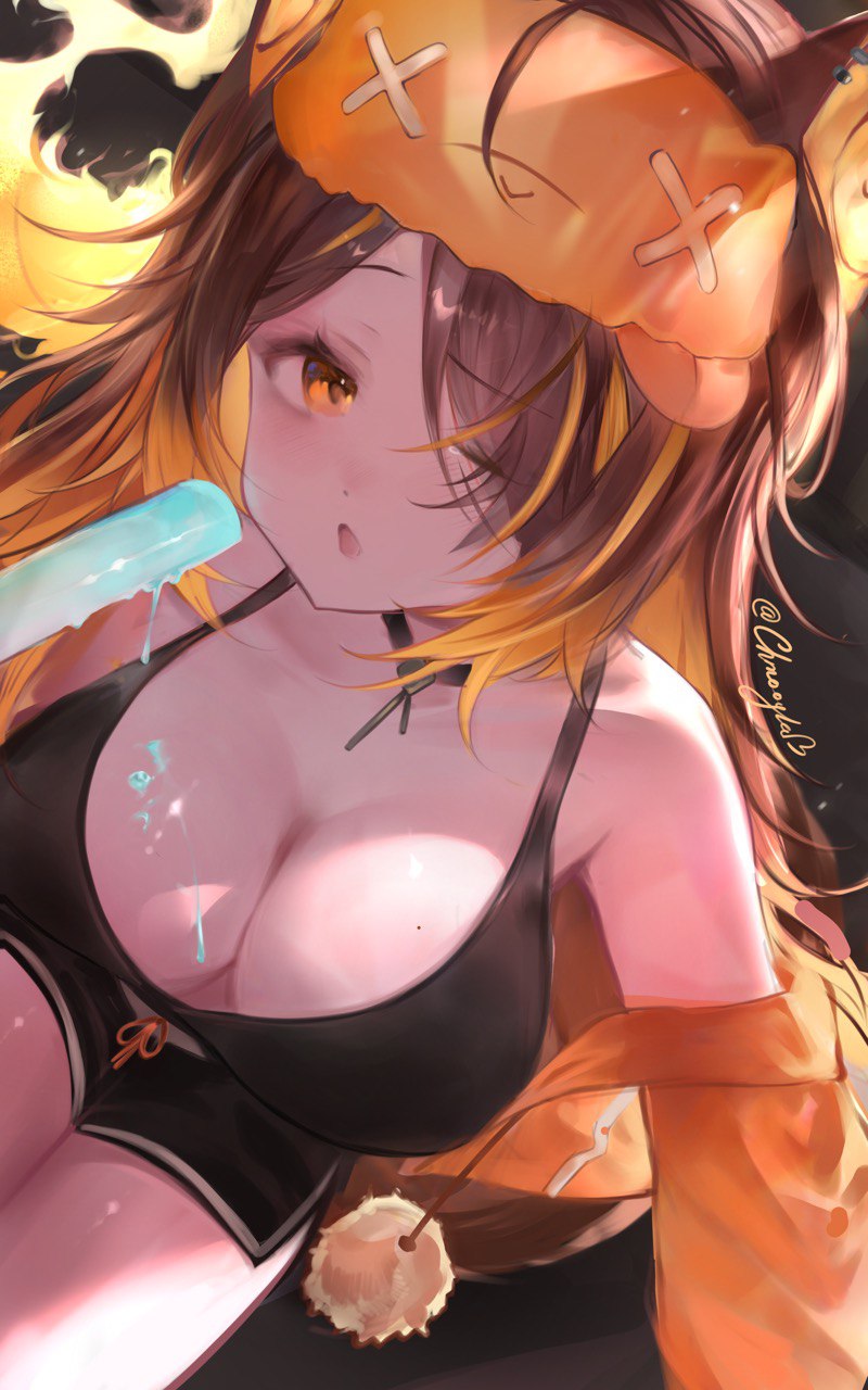 1girl animal_ears black_shorts black_tank_top breasts brown_hair chmoonyka cleavage dripping earrings fiery_ears fiery_tail food hair_between_eyes highres indie_virtual_youtuber jewelry long_hair mole mole_on_breast multicolored_hair open_mouth orange_eyes orange_hair pom_pom_(clothes) popsicle short_shorts shorts sinder_(vtuber) sinder_(vtuber)_(pyro_pajamas) sleep_mask solo streaked_hair tail tank_top twitter_username wolf_ears wolf_girl wolf_tail