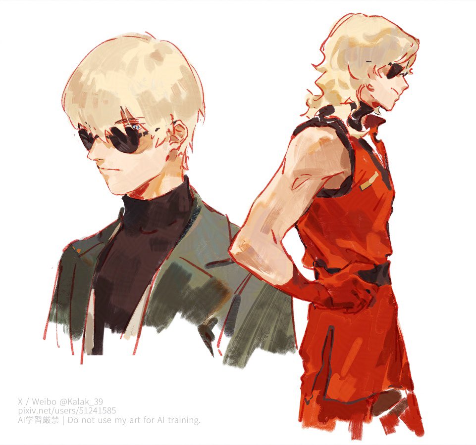 2boys artist_name black_shirt blonde_hair blue_eyes commentary english_text gloves green_jacket gundam gundam_gquuuuuux hashtag-only_commentary jacket kalak_39 long_sleeves male_focus mixed-language_text multiple_boys pixiv_id quattro_bajeena shirouzu_(gundam) shirt short_hair simple_background sleeveless sunglasses turtleneck twitter_username white_background zeta_gundam