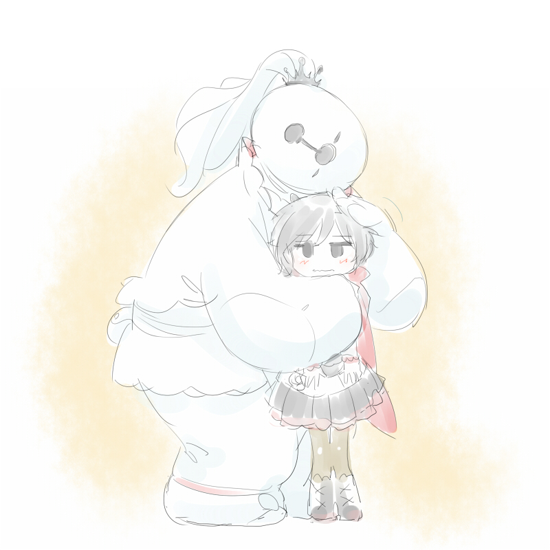 1girl baymax big_hero_6 blush cape cosplay female_focus gradient_background hug iesupa pale_color ruby_rose rwby solo weiss_schnee weiss_schnee_(cosplay) white_background