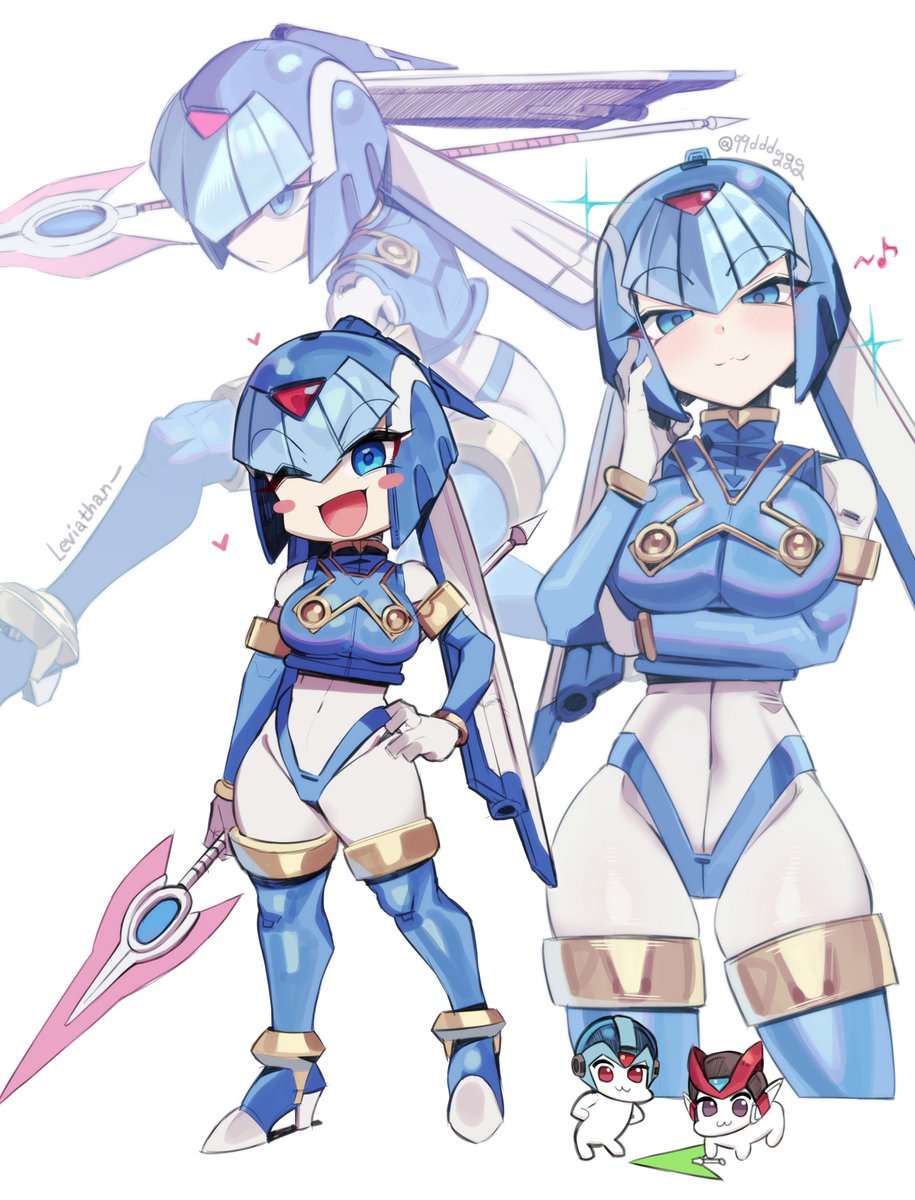 1girl android armor blue_eyes blue_helmet boots breasts crop_top ddg160 energy_spear fairy_leviathan_(mega_man) forehead_jewel helmet highres holding holding_polearm holding_weapon mega_man_(series) mega_man_zero_(series) multiple_views polearm robot_girl smile thighhighs weapon