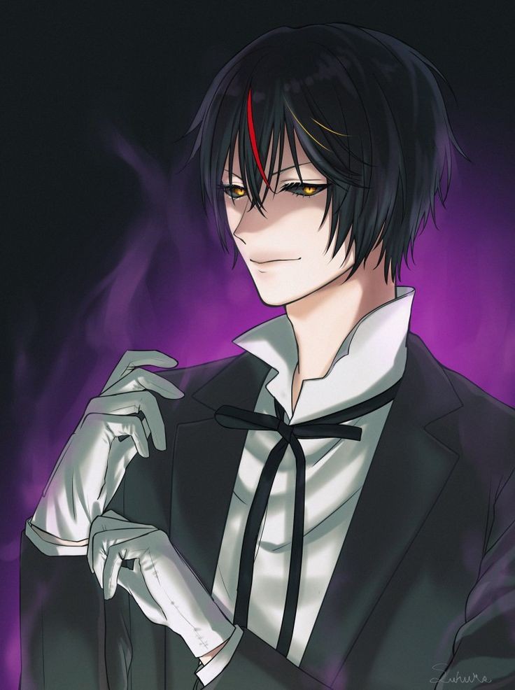 1boy 1other androgynous black_background black_coat black_hair black_jacket black_sclera blue_hair closed_mouth coat colored_sclera diablo_(tensura) frown gloves hair_between_eyes head_rest jacket long_hair long_sleeves male_focus rxdry short_hair smile straight_hair tensei_shitara_slime_datta_ken v-shaped_eyebrows white_gloves yellow_eyes