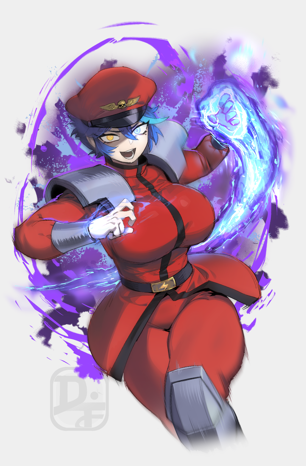 1girl alternate_eye_color artist_name blue_eyes breasts cosplay dif_(difman) difman glowing glowing_hand hat hetero highres large_breasts looking_at_viewer m._bison m._bison_(cosplay) military_hat open_mouth original partially_shaded_face road short_hair smile solo street street_fighter very_short_hair white_background wide_hips yellow_eyes