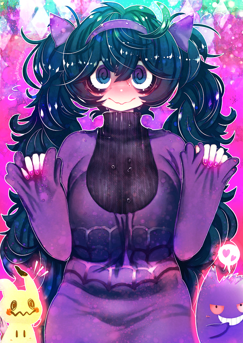 1girl @_@ alternate_hairstyle black_hair black_sweater blue_eyes blush bow breasts breasts_squeezed_together colored_sclera cowboy_shot curly_hair dress flying_sweatdrops game_freak gen_1_pokemon gen_7_pokemon gengar grin hair_between_eyes hair_bow hair_ornament hairband hakkasame hands_up headband heart hex_maniac_(pokemon) holding_sleeves long_hair long_sleeves looking_at_another looking_at_viewer medium_breasts mimikyu multicolored_eyes nail_polish nintendo notice_lines pokemon pokemon_(creature) pokemon_xy ponytail purple_background purple_bow purple_dress purple_eyes purple_nail_polish purple_nails red_sclera ribbed_sweater ringed_eyes sleeves_past_wrists smile spider_web_print spoken_heart straight-on sweat sweat_drops sweater tagme teeth turtleneck turtleneck_sweater twintails two-tone_eyes very_long_hair wavy_mouth wide-eyed