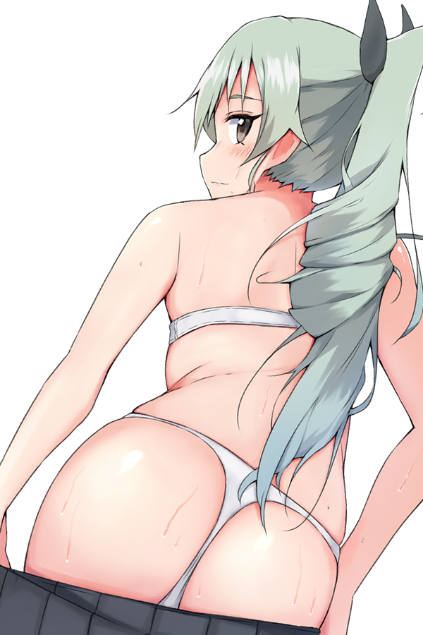 1girl anchovy_(girls_und_panzer) ass back bad_id bad_pixiv_id blush bra brown_eyes closed_mouth clothes_pull commentary drill_hair female_focus girls_und_panzer green_hair looking_at_viewer looking_back ponytail skirt skirt_pull solo standing strapless strapless_bra sweat thong tsuru_(tsubasa1993621) underwear undressing white_background white_bra