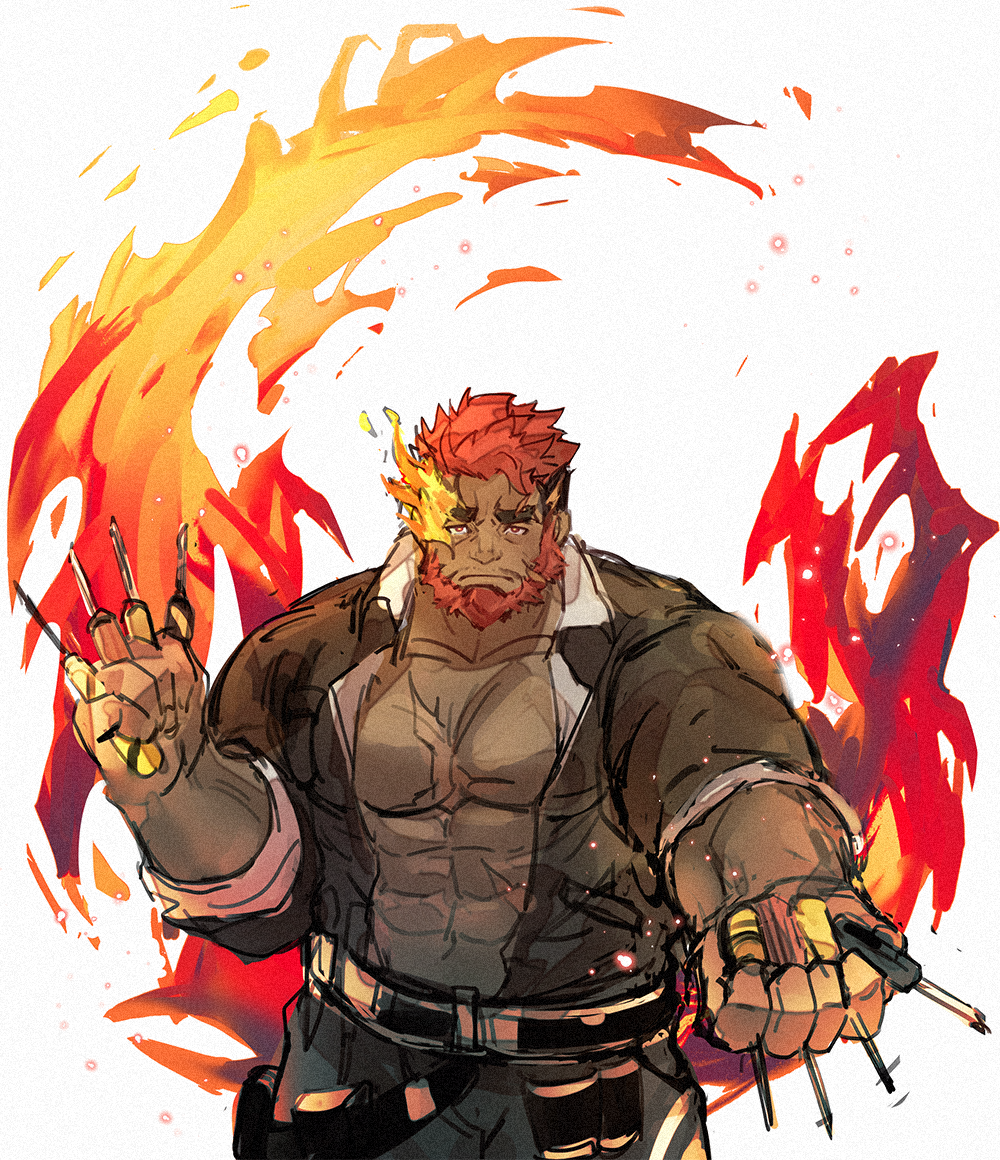 1boy bara beard cowboy_shot dark-skinned_male dark_skin eyebrow_cut facial_hair fire flaming_eye hephaestus_(housamo) jumpsuit large_pectorals looking_at_viewer male_focus mature_male mechanic muscular muscular_male mustache_stubble partially_unzipped pectoral_cleavage pectorals pyro_(tf2) red_eyes red_jumpsuit scar sdz_(inazuma) short_hair stubble thick_eyebrows tokyo_houkago_summoners tools unfinished