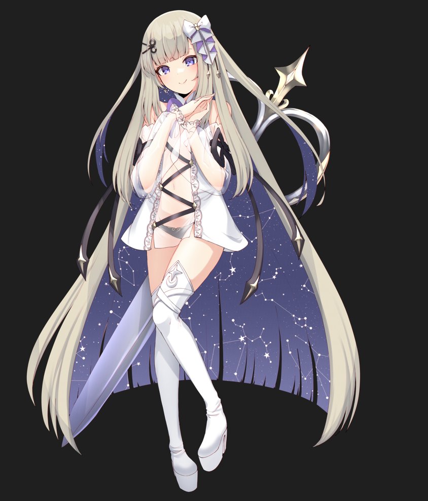 1girl amanogawa_shiina aquarius_(constellation) black_background black_panties blonde_hair boots bow capricorn_(constellation) constellation covered_navel detached_sleeves dress full_body hair_bow long_hair navel own_hands_together panties phase_connect purple_eyes sagittarius_(constellation) scissors scissors_hair_ornament scorpius_(constellation) see-through_clothes see-through_sleeves short_dress solo thigh_boots underwear valefal_coneri very_long_hair virgo_(constellation) virtual_youtuber white_boots white_bow white_dress