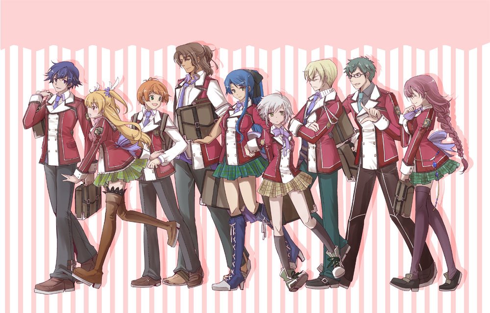 4girls 5boys alisa_reinford bag black_hair blue_eyes blue_hair boots braid brown_hair closed_eyes curtained_hair denim double-parted_bangs eiyuu_densetsu elliot_craig emma_millstein fie_claussell full_body gaius_worzel glasses green_eyes green_hair hair_between_eyes hair_bun hanabi_(usagibakudan) high_heel_boots high_heels holding holding_bag jacket jeans jusis_albarea laura_s._arseid loafers long_hair long_sidelocks machias_regnitz mullet multiple_boys multiple_girls necktie open_mouth orange_hair pants parted_bangs pink_hair ponytail purple_eyes rean_schwarzer red_eyes school_bag school_uniform sen_no_kiseki_(series) sen_no_kiseki_i shoes short_hair sideburns sidelocks single_braid single_sidelock skirt smile sneakers thors_military_academy_class_vii_uniform