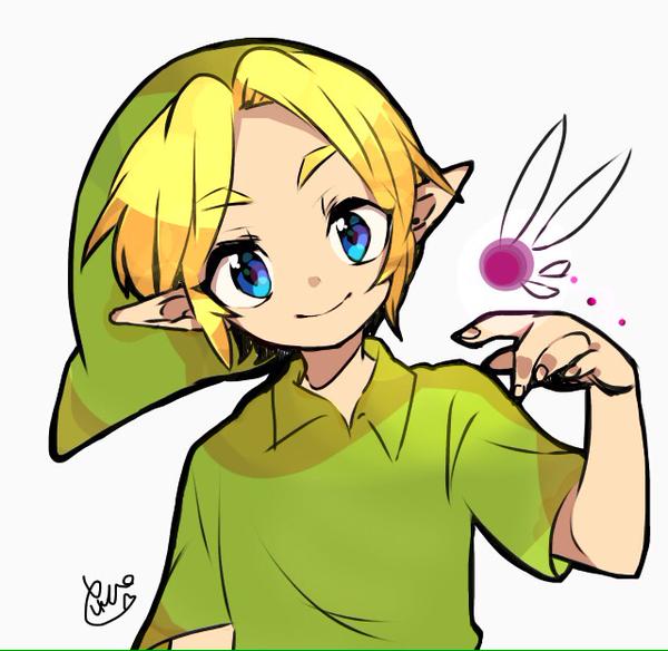 1boy blonde_hair blue_eyes fairy green_hat green_tunic hat holding link nintendo pointy_ears repikinoko short_hair smile tael the_legend_of_zelda the_legend_of_zelda:_majora&#039;s_mask tunic wings young_link