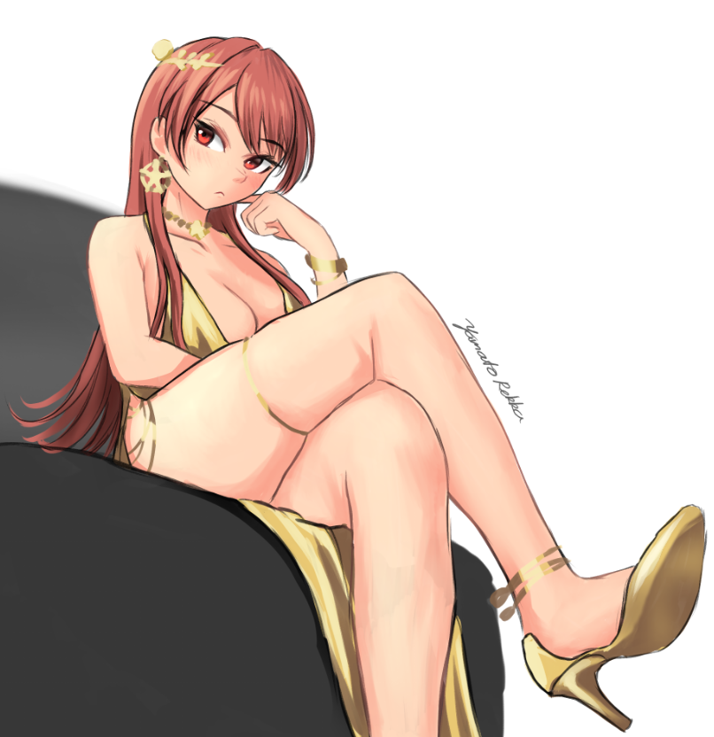 1girl artist_name azur_lane bracelet choker cosplay couch crossed_legs dress earrings evening_gown gold_choker gold_dress historical_name_connection jewelry kantai_collection laurel_crown long_hair looking_at_viewer name_connection nevada_(a_magnificent_banquet)_(azur_lane) nevada_(azur_lane) nevada_(azur_lane)_(cosplay) nevada_(kancolle) one-hour_drawing_challenge red_hair rekka_yamato revealing_clothes simple_background thigh_strap white_background