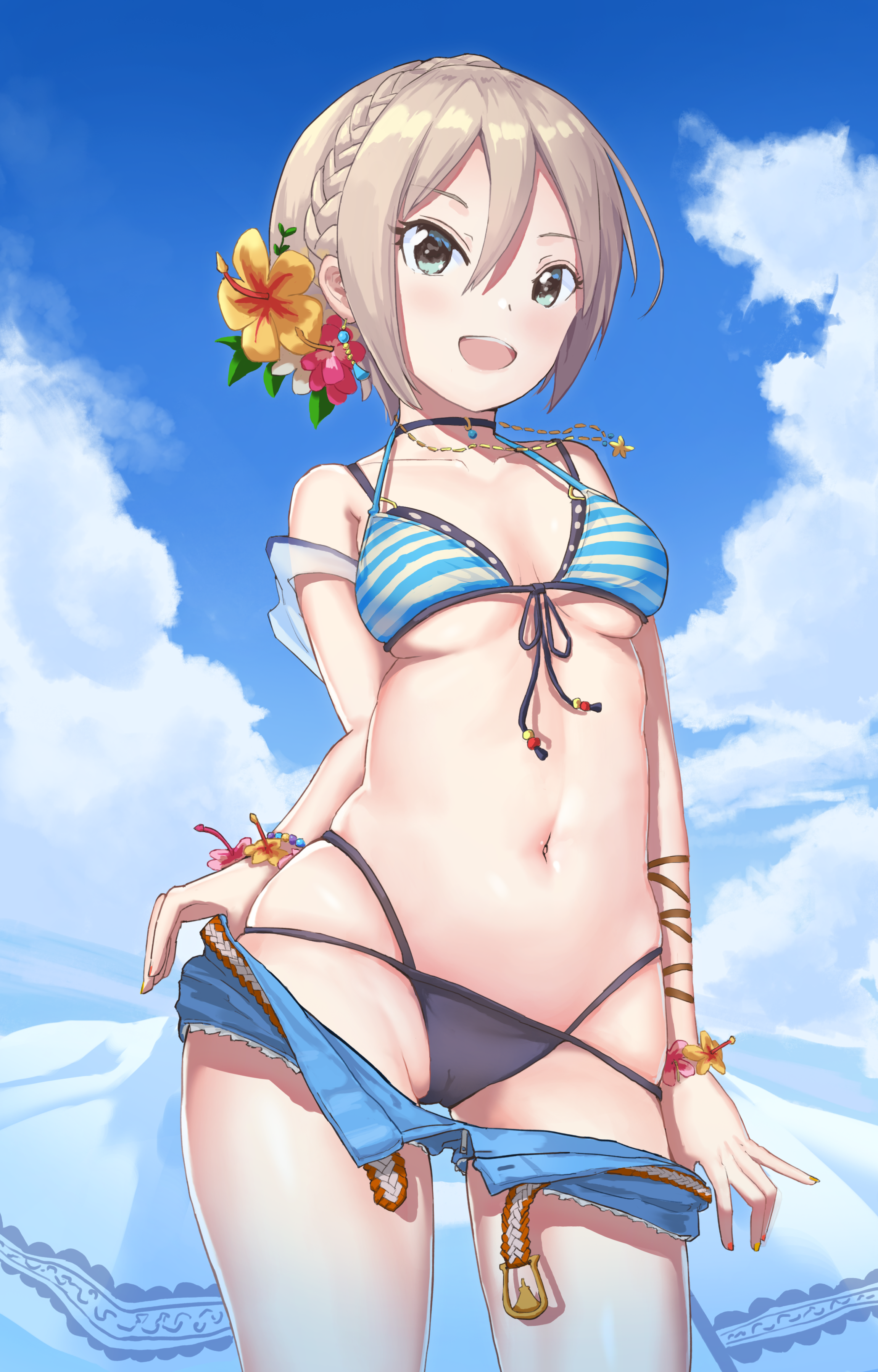1girl :d absurdres bikini bikini_top_only black_bikini blue_eyes blue_sky bracelet braid breasts cleavage clothes_pull cloud cola cowboy_shot crown_braid day earrings female_focus flower from_below front-tie_bikini_top front-tie_top hair_between_eyes hair_flower hair_ornament hibiscus highres idolmaster idolmaster_cinderella_girls jewelry juu_p looking_at_viewer medium_breasts multi-strapped_bikini navel open_clothes open_mouth open_shorts outdoors polka_dot polka_dot_bikini polka_dot_bikini_top pulling_own_clothes shiomi_syuko short_hair short_shorts shorts shorts_pull silver_hair skindentation sky smile solo standing striped_bikini striped_bikini_top striped_clothes swimsuit underboob white_polka_dots white_shorts yellow_flower