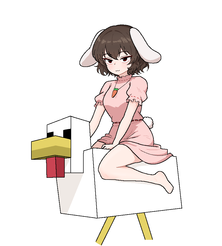 1girl :3 a_minecraft_movie animal_ears barefoot blush breasts brown_hair carrot_necklace chicken_(minecraft) chicken_jockey_(meme) closed_mouth cocktiel77 commentary dress english_commentary floppy_ears frilled_dress frilled_sleeves frills full_body inaba_tewi jewelry looking_at_viewer medium_breasts meme minecraft necklace pink_dress puffy_short_sleeves puffy_sleeves rabbit_ears rabbit_girl rabbit_tail red_eyes ribbon-trimmed_dress ribbon_trim short_hair short_sleeves simple_background smile solo tail touhou white_background