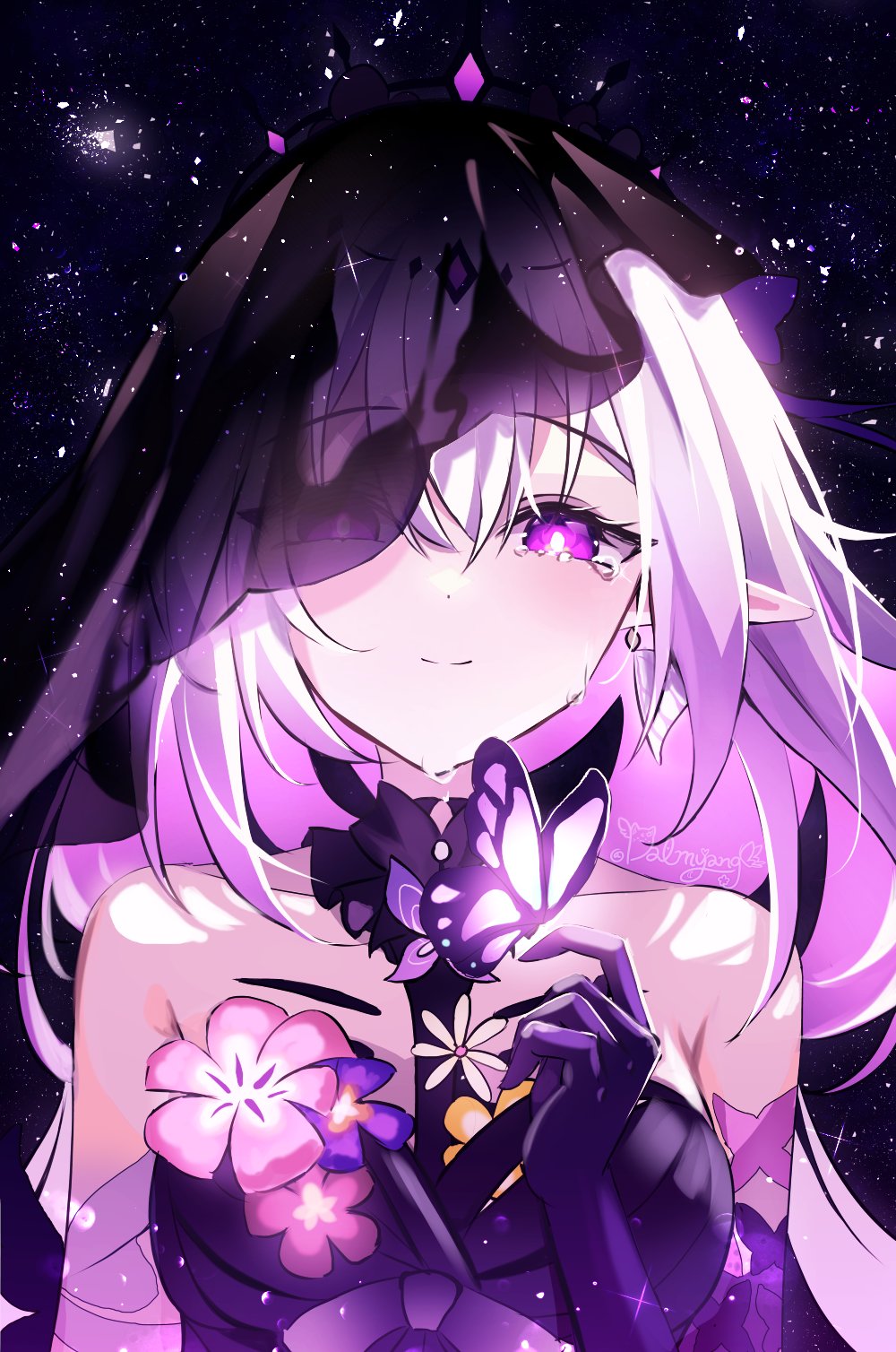 1girl bare_shoulders black_veil bug butterfly butterfly_on_hand castorice_(honkai:_star_rail) commentary dalmyang dress elf flower_ornament gloves happy_tears highres honkai:_star_rail honkai_(series) insect long_hair pointy_ears purple_dress purple_eyes purple_gloves purple_hair revision see-through_clothes see-through_veil sky smile solo star_(sky) starry_sky tears veil
