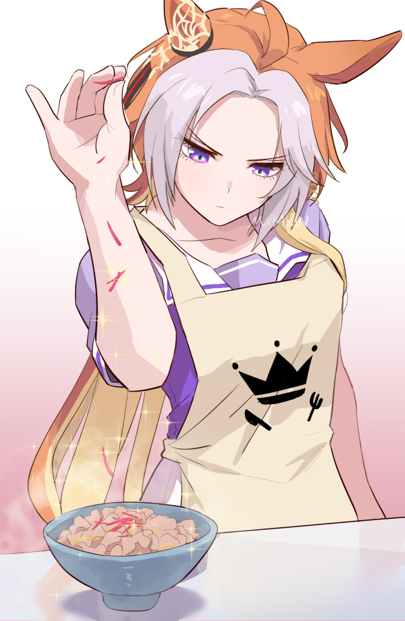 1girl ahoge animal_ears apron artist_name benishouga blonde_hair bowl brown_apron collarbone commentary_request counter crown_print donburi ear_covers ear_ornament hair_intakes horse_ears horse_girl long_hair looking_down meme mukakin multicolored_hair orange_hair orfevre_(umamusume) pork purple_eyes purple_hair purple_shirt sailor_collar salt_bae_(meme) school_uniform shirt short_sleeves single_ear_cover single_sidelock solo sparkle summer_uniform tracen_school_uniform umamusume very_long_hair watermark white_sailor_collar