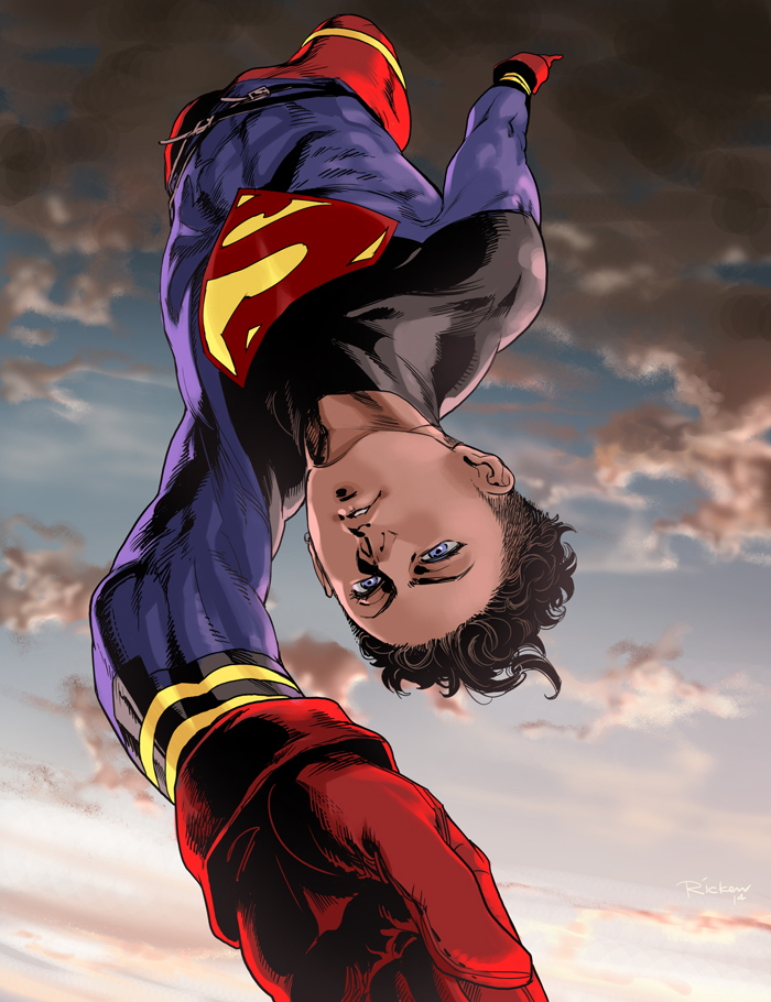 1boy belt black_hair blue_eyes bodysuit dc_comics flying gloves kon-el male_focus red_gloves ricken s_shield sky solo superboy superman_(series) undercut