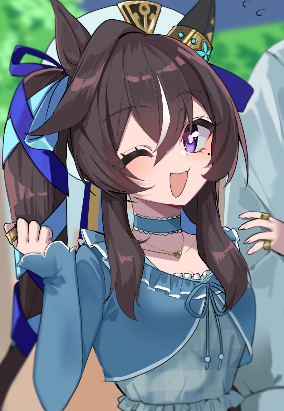 1girl :3 :d animal_ears blue_choker blue_dress blue_ribbon blurry blurry_background breasts bright_pupils brown_hair choker clenched_hand collarbone dress ear_ornament eyelashes flying_sweatdrops frilled_dress frills hair_between_eyes hair_ribbon hand_on_another&#039;s_arm hands_up hat heart_pendant highres horse_ears jewelry karamomo_(krmmap) layered_dress light_blush locked_arms long_hair long_sleeves looking_at_viewer mole mole_under_eye multicolored_hair multiple_rings necklace one_eye_closed open_mouth plaid purple_eyes ribbon ring shirt sidelocks sleeves_past_wrists small_breasts smile solo solo_focus streaked_hair twintails umamusume upper_body vivlos_(umamusume) white_shirt wink