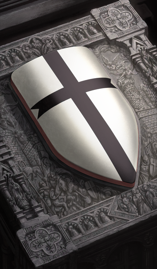 akitaken_(non_faciem) commentary_request cross fate/grand_order fate_(series) game_cg grey_theme latin_cross no_humans object_focus official_art shield still_life third-party_source