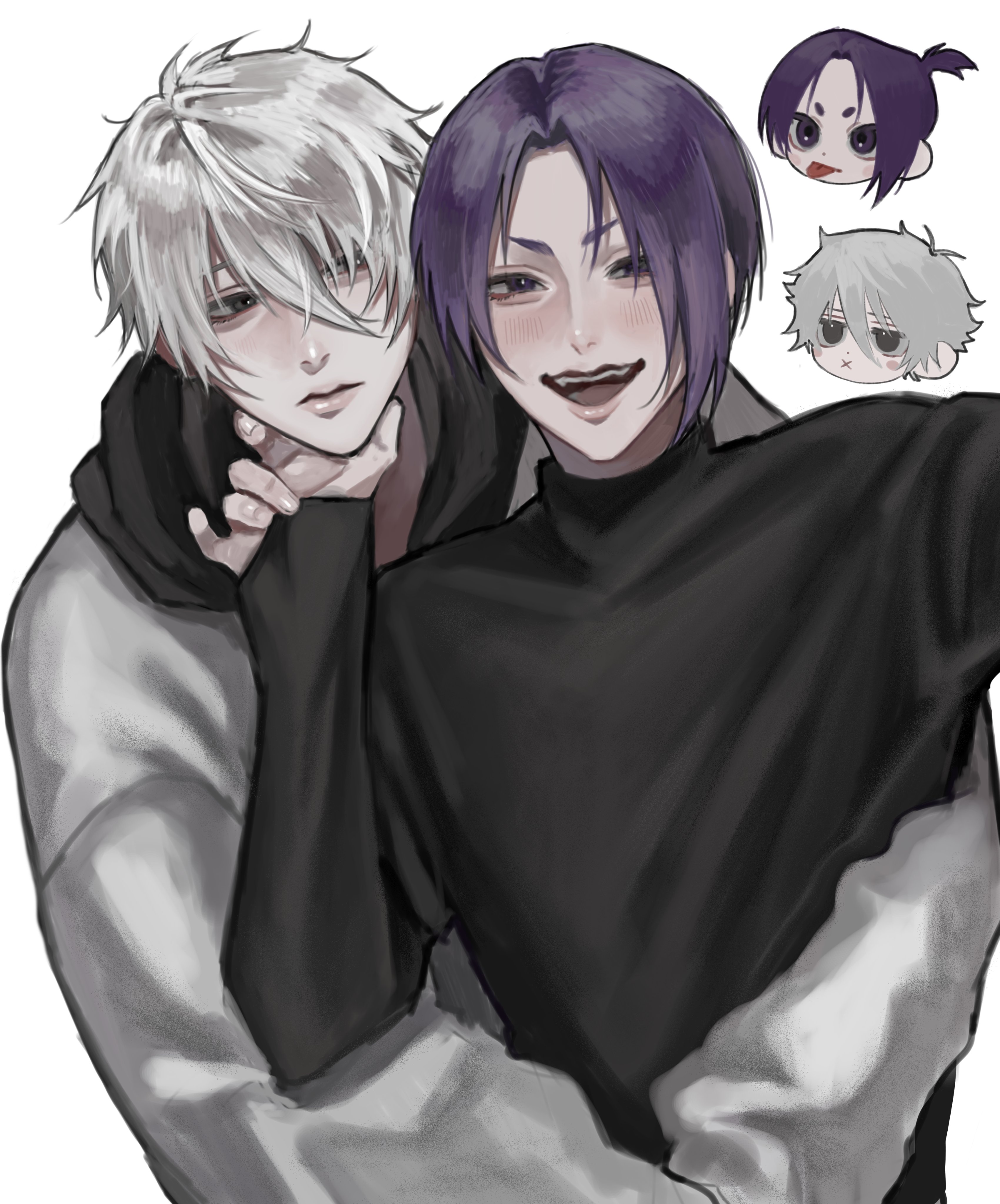 13v_xlll 2boys :p absurdres arms_around_waist black_hood black_shirt blue_lock closed_mouth grey_eyes hair_between_eyes hand_on_another's_chin highres hood hood_down jitome long_sleeves looking_at_another looking_at_viewer male_focus mikage_reo multiple_boys multiple_views nagi_seishirou open_mouth parted_hair ponytail purple_hair shirt short_ponytail simple_background teeth tongue tongue_out turtleneck upper_body upper_teeth_only white_background white_hair