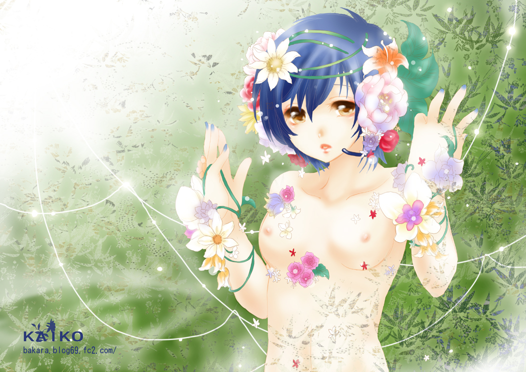 1girl blue_eyes blue_hair blue_scarf blush breasts fanloid flowers_(innocent_grey) kaiko_(vocaloid) kaiko_shion nipples nude scarf vocaloid