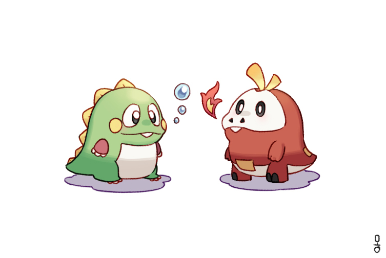 black_eyes bright_pupils bub_(bubble_bobble) bubble bubble_bobble closed_mouth commentary_request creature fang fang_out fire fuecoco korean_commentary korean_text mongguri nintendo no_humans pokemon pokemon_(creature) simple_background standing white_background white_pupils