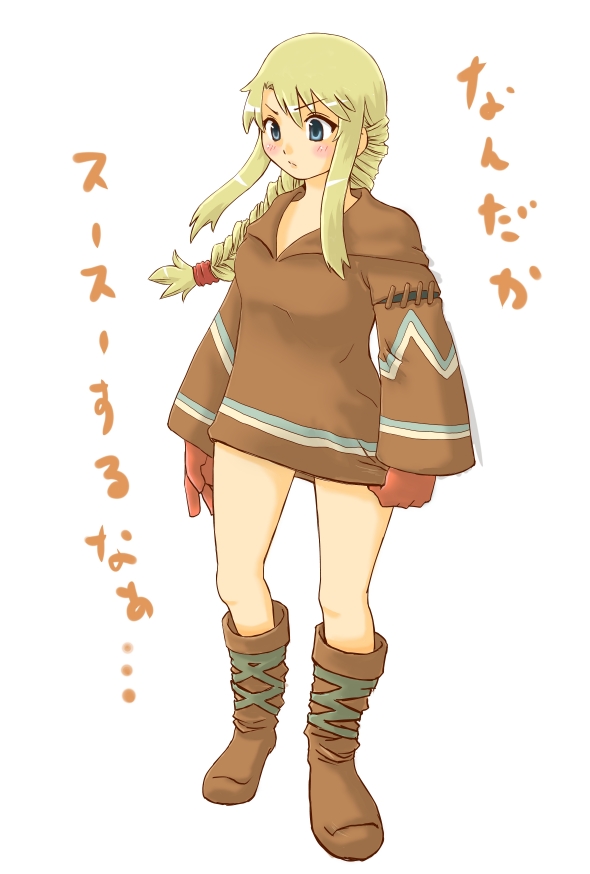 1girl agrias_oaks blonde_hair blue_eyes blush boots braid cosplay female_focus final_fantasy final_fantasy_tactics full_body geomancer geomancer_(fft) geomancer_(fft)_(cosplay) gloves long_hair mocha_(monocromer) simple_background single_braid solo white_background