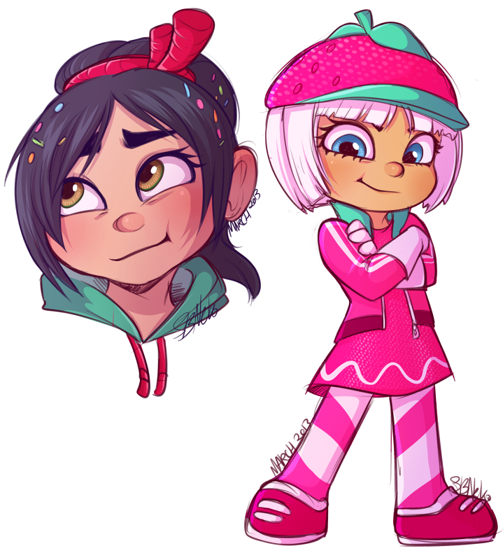 2girls aqua_hoodie black_hair blonde_hair blue_eyes brown_eyes candy candy_hair_ornament child crossed_arms deviantart_username food food-themed_hair_ornament full_body gloves hair_ornament hood hood_down hoodie jacket looking_at_viewer medium_hair minettefraise multiple_girls open_clothes open_jacket pink_gloves pink_jacket pink_shoes ponytail rolling_eyes shoes smirk strawberry_hat striped_leggings taffyta_muttonfudge vanellope_von_schweetz wreck-it_ralph