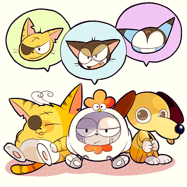 :3 ameko_(ameko03) animal_costume bad_id bad_pixiv_id cat chicken_costume cyborg cyborg_kuro-chan disguise dog_costume eyepatch closed_eyes fang frown kuro_(cyborg_kuro-chan) hugging_own_legs m_(cyborg_kuro-chan) matatabi_(cyborg_kuro-chan) scar simple_background white_background