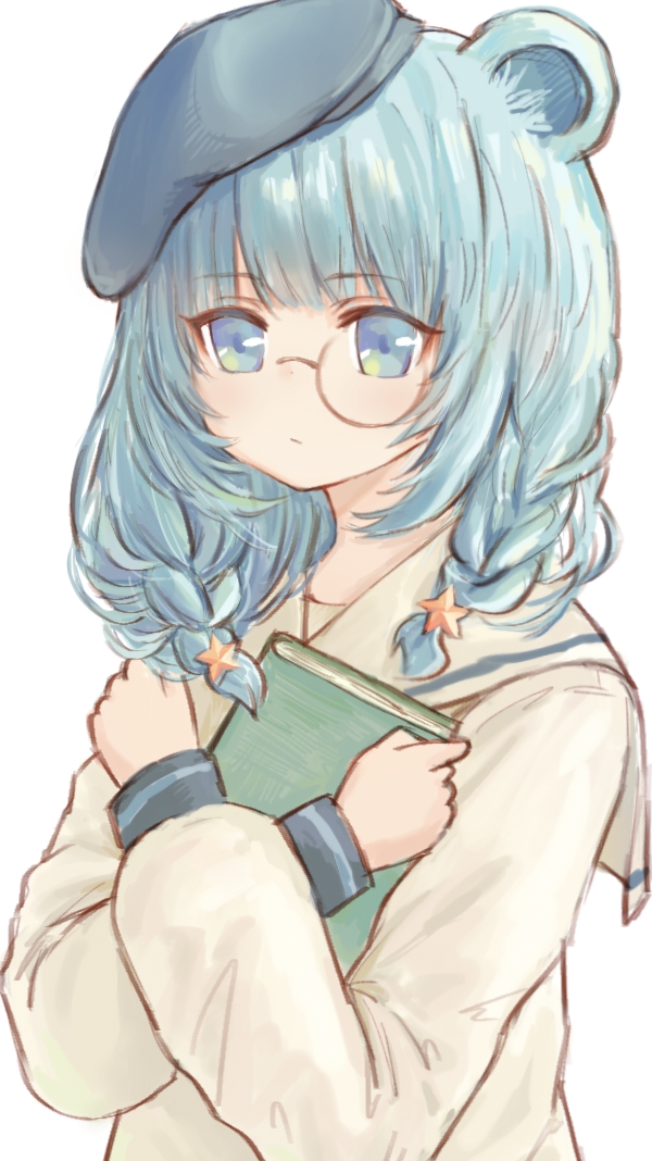 1girl :/ alternate_costume animal_ears arknights bear_ears beret blue_eyes blue_hair blue_hat blunt_bangs book braid closed_mouth crossed_arms dot_nose hair_ornament hat holding holding_book istina_(arknights) long_sleeves medium_hair monocle rnkk sailor_collar shirt simple_background solo star_(symbol) star_hair_ornament tilted_headwear twin_braids upper_body white_background yellow_shirt