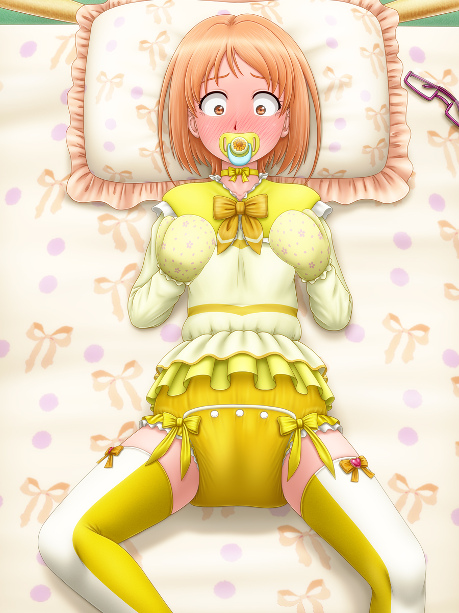 1girl bed blush bow bow_legwear bow_print diaper embarrassed feet_out_of_frame female_focus floral_print frilled_shirt frills from_above full-face_blush glasses god_hand_mar heart highres long_sleeves looking_at_viewer lying mittens mouth_hold neck_ribbon on_back on_bed orange_eyes orange_hair pacifier pillow precure print_mittens print_sheet ribbon shirabe_ako shirt solo spread_legs suite_precure thighhighs two-tone_thighhighs unworn_eyewear white_thighhighs yellow_bow yellow_mittens yellow_ribbon yellow_thighhighs