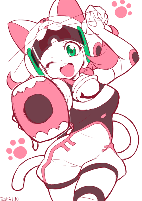 10s 1girl ;d bell cowboy_shot dated dress elbow_gloves female_focus fingerless_gloves gloves green_eyes helmet hero_bank kashii_maki long_hair looking_at_viewer mallet monochrome one_eye_closed open_mouth paw_pose pinafore_dress pink_hair pointing pointing_at_viewer short_jumpsuit simple_background sleeveless_dress smile solo spot_color tail take_no_ko white_background