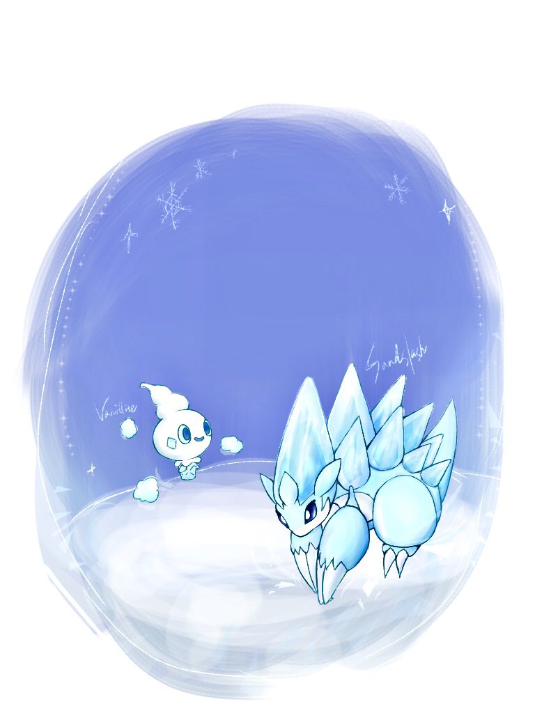 alolan_form alolan_sandslash blue_eyes blue_sky border bright_pupils character_name claws fireblast floating gen_5_pokemon gen_7_pokemon nintendo no_humans pokemon pokemon_(creature) round_border sky smile snowflakes snowing spikes tail vanillish white_border white_pupils