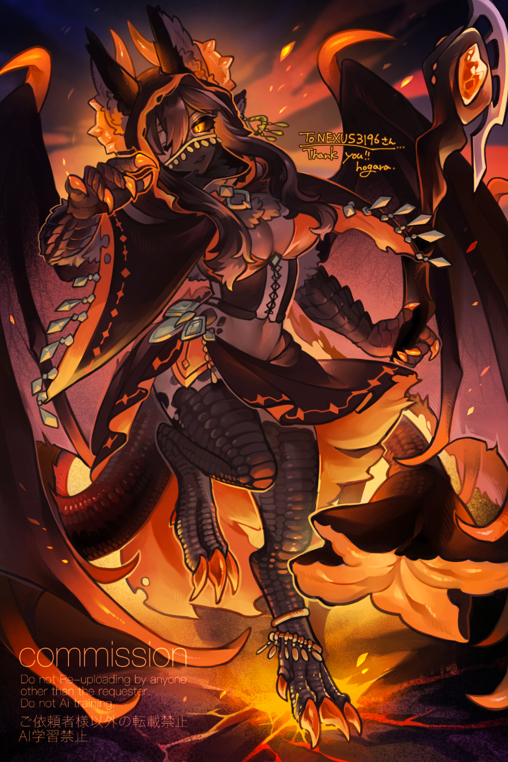 1girl animal_ears animal_feet animal_hands anklet black_sclera breasts brown_hair brown_skirt claws colored_sclera commentary_request digitigrade dragon_girl dragon_horns dragon_tail dragon_wings embers full_body hand_up highres hogara holding holding_staff horns jewelry long_hair looking_at_viewer mage_staff medium_breasts monster_girl mouth_veil neck_fur one_eye_closed orange_background orange_eyes original skirt solo staff standing standing_on_one_leg tail veil wings