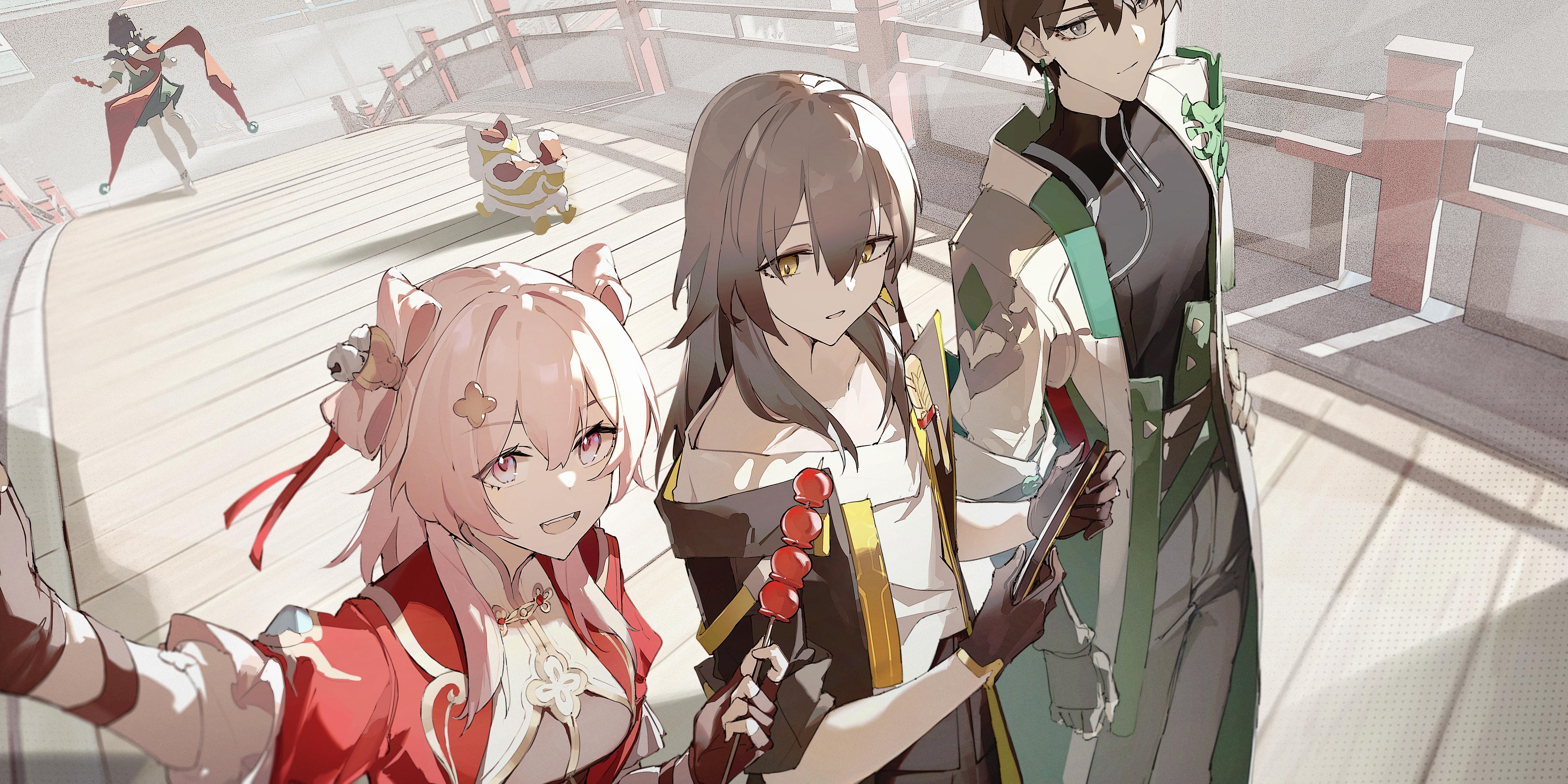 1boy 3girls absurdres barefoot black_gloves black_hair black_jacket black_shirt breasts bridge chinese_commentary closed_mouth collarbone commentary_request dan_heng_(honkai:_star_rail) dan_heng_(hunt)_(honkai:_star_rail) diting_(honkai:_star_rail) dress food gloves green_dress grey_hair grey_pants hair_between_eyes hair_ornament highres holding holding_food honkai:_star_rail honkai_(series) jacket long_hair looking_at_viewer march_7th_(honkai:_star_rail) march_7th_(hunt)_(honkai:_star_rail) medium_breasts medium_hair multicolored_eyes multiple_girls official_alternate_costume official_alternate_hairstyle outdoors pants qizhongji shirt short_hair shuangyaji small_breasts stelle_(honkai:_star_rail) tanghulu trailblazer_(honkai:_star_rail) two-tone_eyes wooden_floor yellow_eyes yunli_(honkai:_star_rail)