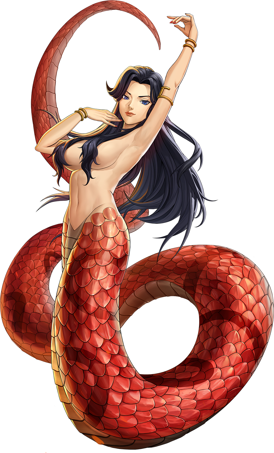 1girl armlet artist_request black_hair blue_eyes bracelet breasts completely_nude convenient_censoring demon_(megami_tensei) hair_over_breasts highres jewelry lamia lamia_(megami_tensei) monster_girl navel nude official_art persona persona_5 persona_5:_the_phantom_x red_nails red_scales shin_megami_tensei slit_pupils snake_girl solo third-party_source transparent_background
