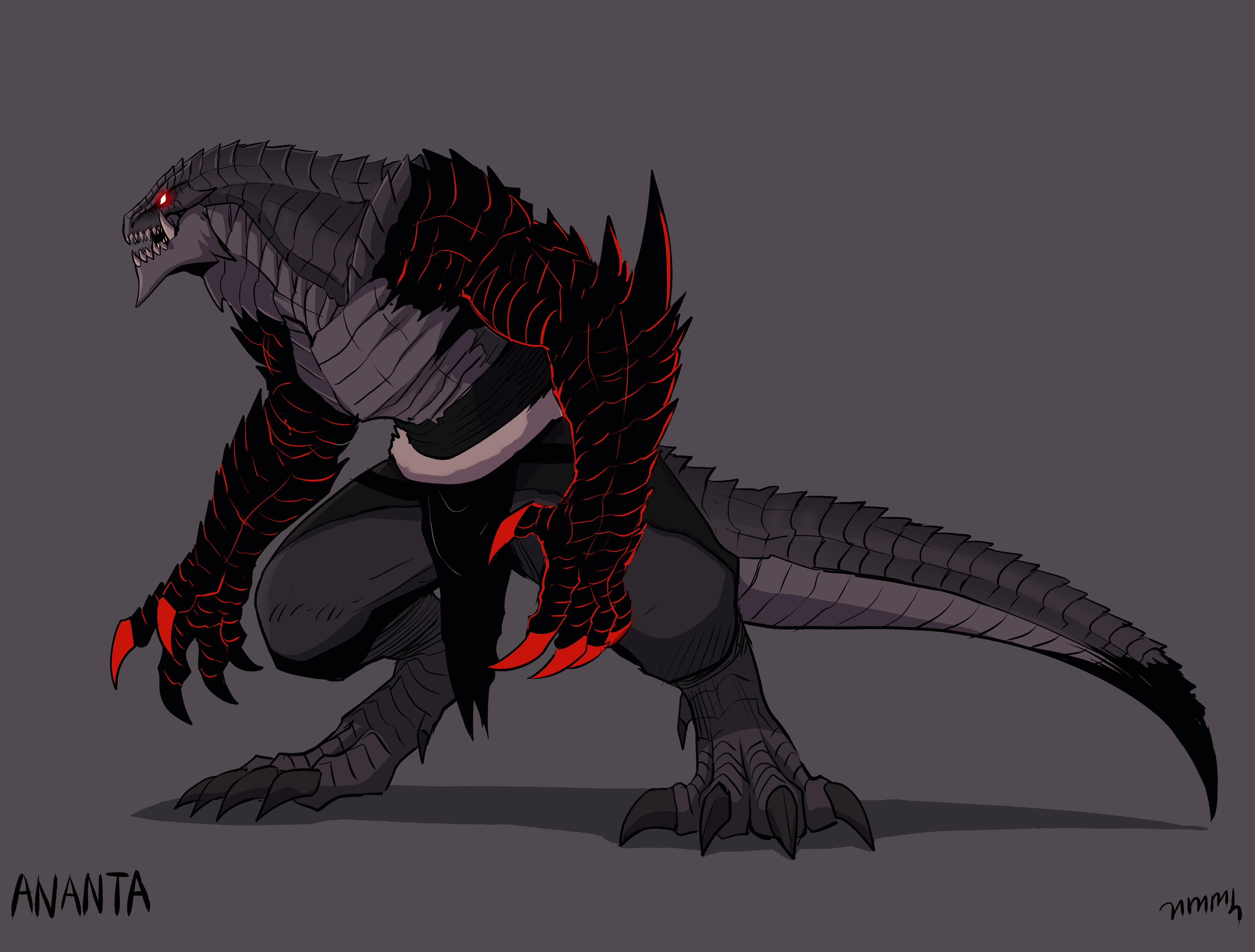 1boy absurdres alternate_form ananta_(wail_of_a_dragon's_rage) black_scales character_name claws digitigrade dragon_boy dragon_claw dragon_tail full_body gegegekman glowing glowing_eyes grey_background grey_scales highres lizardman monster_boy open_mouth pelvic_curtain red_eyes reptile_boy sharp_teeth signature spikes tail teeth topless_male tusks wail_of_a_dragon's_rage