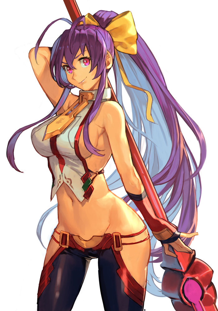 1girl antenna_hair arm_behind_head backless_outfit blazblue blue_hair bow breasts cowboy_shot fingerless_gloves gloves groin hair_bow halterneck hip_vent holding holding_behind_back holding_polearm holding_weapon holding_weapon_behind_back hungry_clicker large_breasts long_hair looking_at_viewer lowleg lowleg_pants mai_natsume navel outseal pants polearm ponytail purple_eyes sideboob sleeveless solo spear stomach very_long_hair weapon white_background yellow_bow