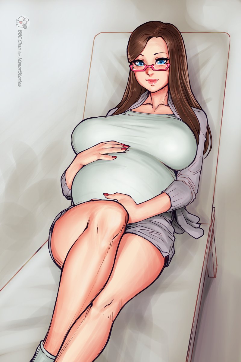1girl artist_name bbc-chan blue_eyes breasts brown_hair cardigan chair closed_mouth collarbone commission curvy feet_out_of_frame glasses hands_on_own_stomach highres large_breasts long_hair looking_down lying nail_polish on_back open_cardigan open_clothes original pregnant sitting solo straight_hair thick_thighs thighs wide_hips