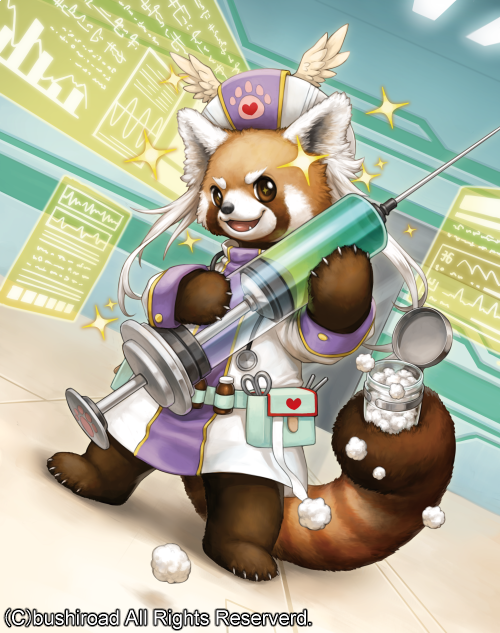 animal animal_ear_fluff animal_focus cardfight!!_vanguard claws clothed_animal copyright_notice cotton_swab fang hat holding holding_syringe indoors kemonomichi_(blue_black) large_syringe looking_at_viewer nurse_cap official_art open_mouth oversized_object pill_bottle red_panda scissors shirt solo sparkle syringe syringe_lesser white_shirt
